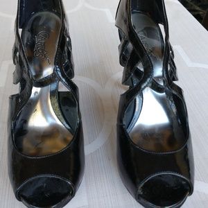 Carlos Santana Black Patent Open Toe Stilettos